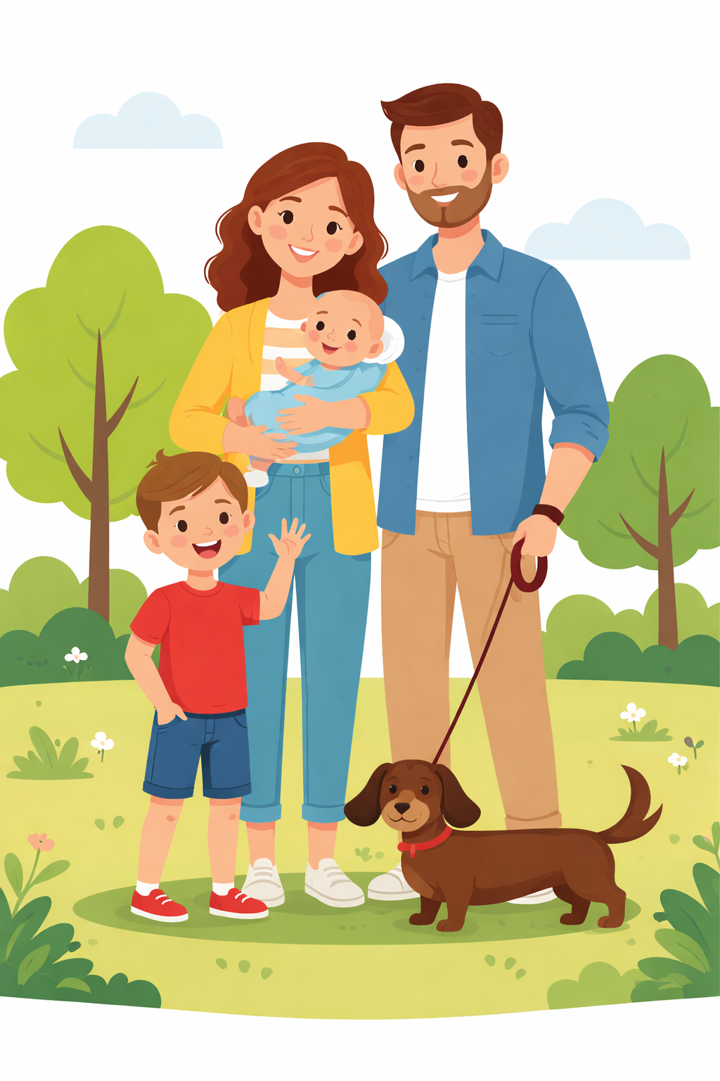 Illustration of a family with a child and dog enjoying time outside